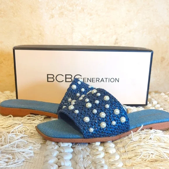 BCBGeneration Denim/Raffia Pearl Sandals 9.5 NWT - Picture 1 of 6